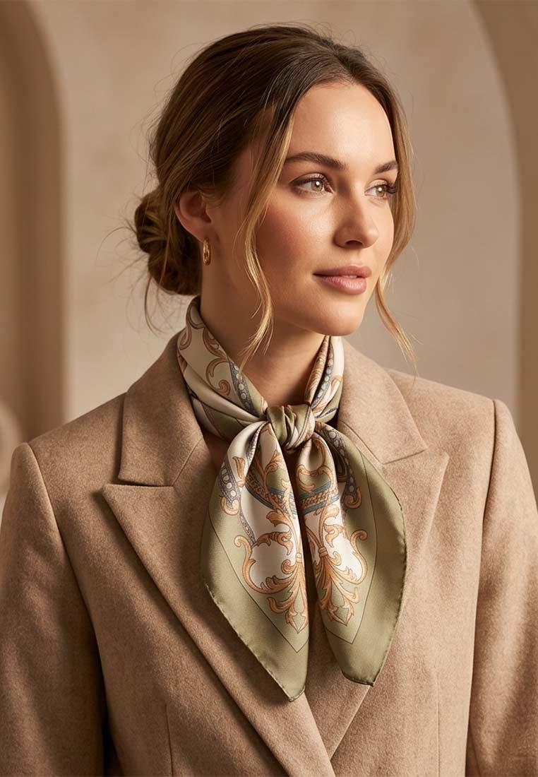 Frontansicht eines Schmuckzauber Nickituch Chains olive mit einem ornanten Muster in Beige- und Olivetönen, stilvoll um den Hals einer Frau gebunden.