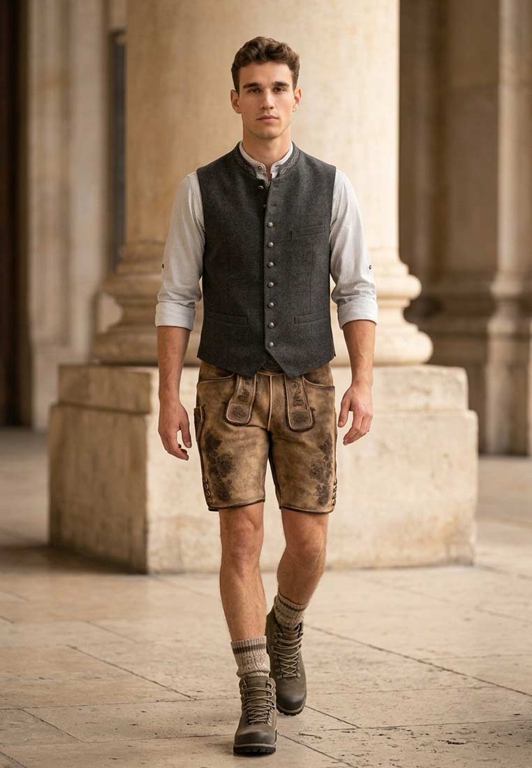 Stockerpoint Trachtenweste Devito grau, Frontansicht, mit Knopfleiste und aufgesetzten Taschen, klassischer Schnitt.