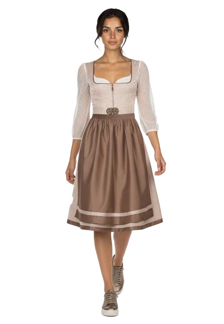 Marjo Dirndl Lalling taupe 65cm Frontansicht. Elegantes Dirndl mit taupefarbenem Rock und zartem Oberteil mit Punktmuster und Reißverschluss.