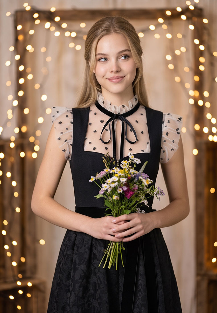 Frontansicht der Dirndlbluse Juliette transparent mit schwarzen Blumen von my choice, schwarz, mit dezentem Blumenmuster auf transparentem Stoff und elegantem Samtkragen.