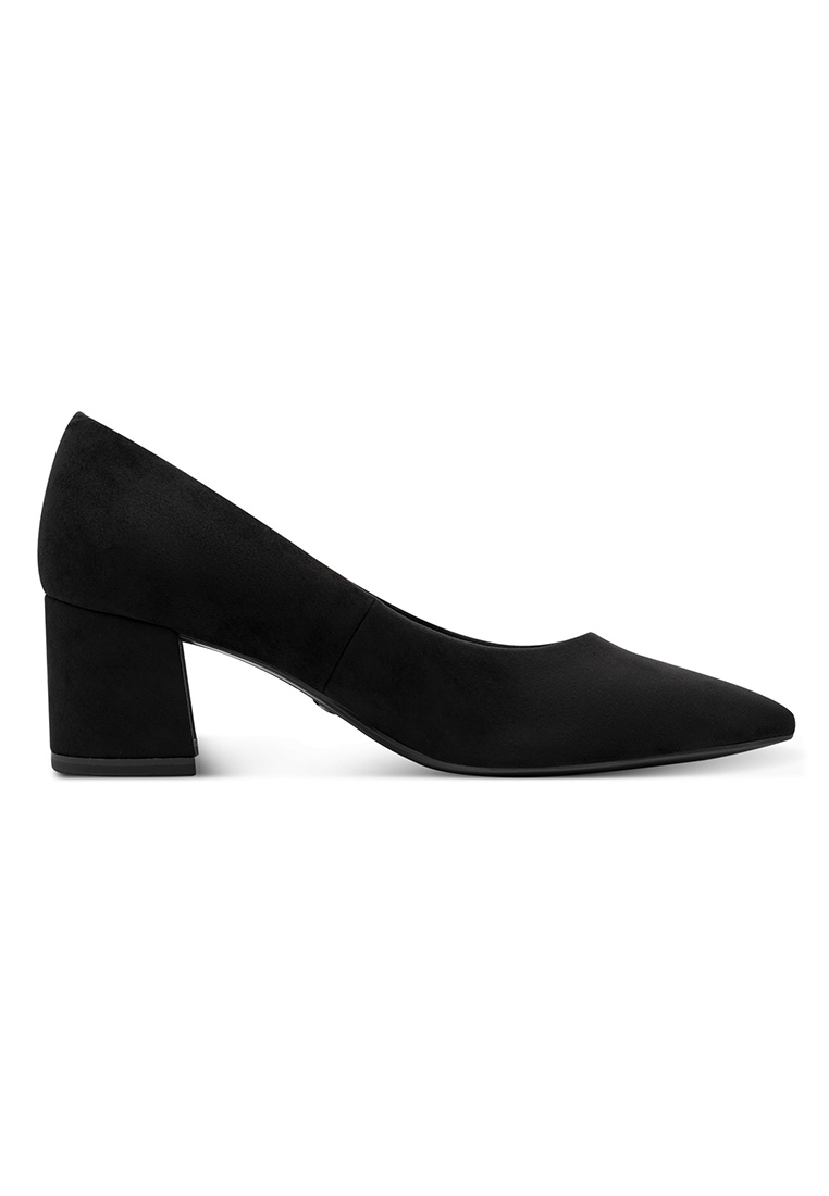 Tamaris Pumps Monique schwarz, Seitenansicht eines eleganten schwarzen Pumps mit Blockabsatz und spitzer Kappe aus Veloursleder.