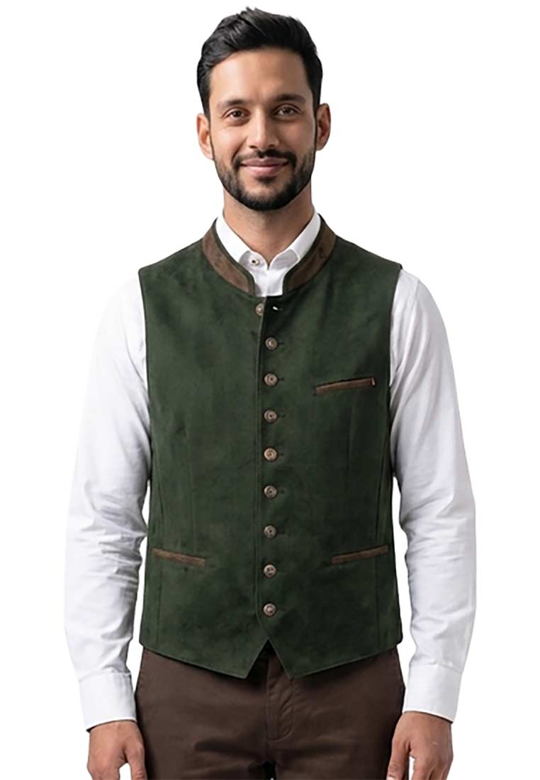 Orbis Trachtenweste Erich dunkelgrün aus Wildleder mit Knöpfen und Paspeltaschen in Frontansicht. Elegant und hochwertig.
