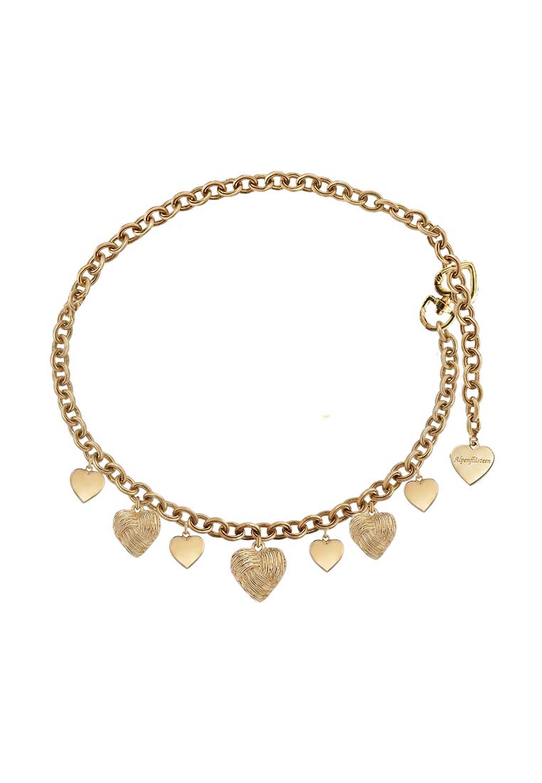 Alpenflüstern Dirndl Schürzenkette Knotenherz gold. Frontansicht einer goldfarbenen Kette mit zahlreichen Herzanhängern, davon einige mit strukturiertem Muster.