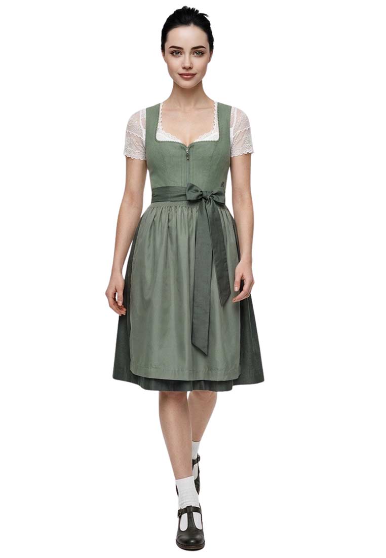 Frontansicht eines grünen Marjo Dirndl Lichtenfels 58 cm mit einem schmalen Schnitt und einer Schleife in der Taille.