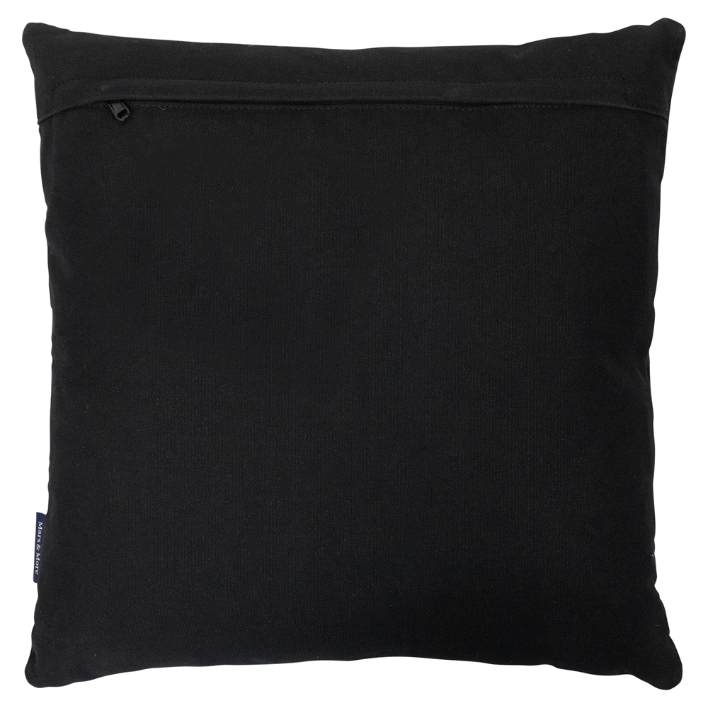 Mars&More Kissen Kuhfell schwarz mit Geweih 45x45cm, Rückansicht eines schwarzen Kissens mit einem sichtbaren Reissverschluss am oberen Rand.