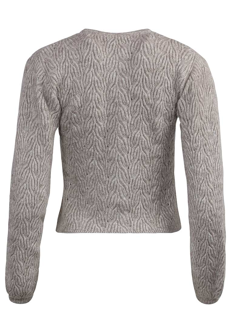 Rückansicht der Madame Marie Trachtenstrickjacke Avenara in Beige mit einem strukturierten Strickmuster und langen Ärmeln.