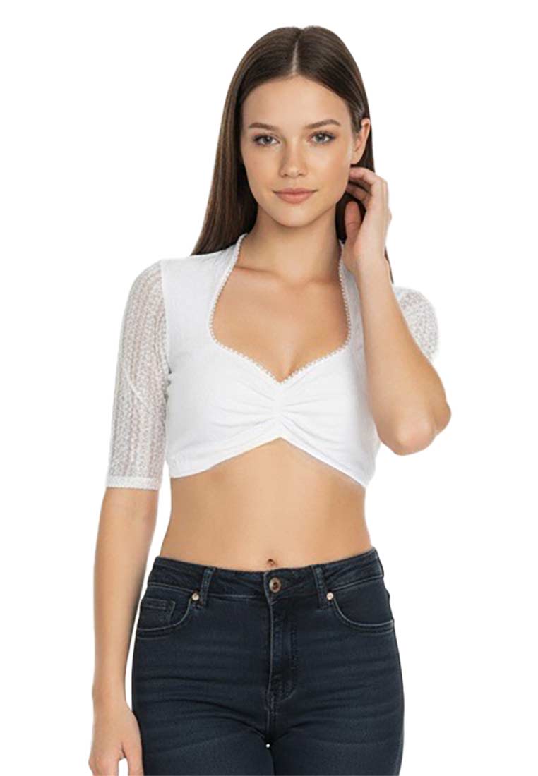 Marjo Bluse Christina, weiß, Damen-Bolero mit Spitzenärmeln und Raffung im Vorderteil, Frontansicht. Die Bluse hat einen V-Ausschnitt.