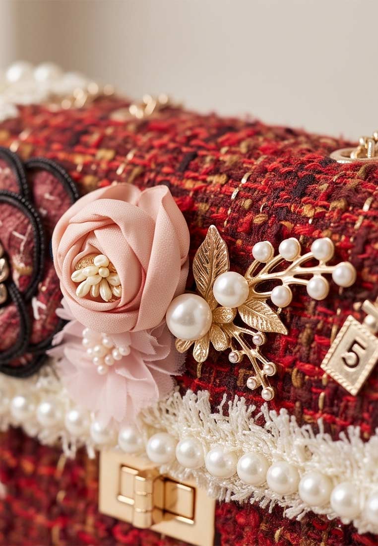 Schmuckzauber Tweed Trachtentasche Glamour rost, Frontansicht einer roten Tasche mit Blumenapplikation und Perlenbesatz.