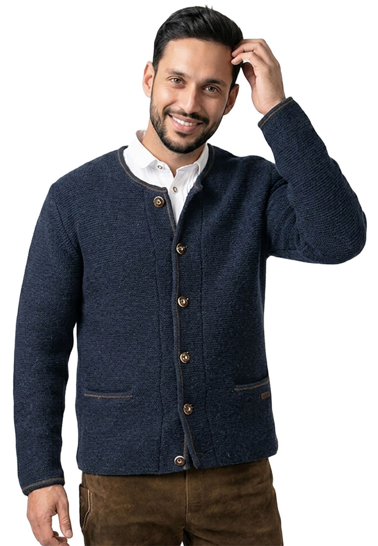 Stockerpoint Trachtenjacke Amaro dunkelblau, Frontansicht, dunkelblau, mit zwei aufgesetzten Taschen und Knopfleiste.