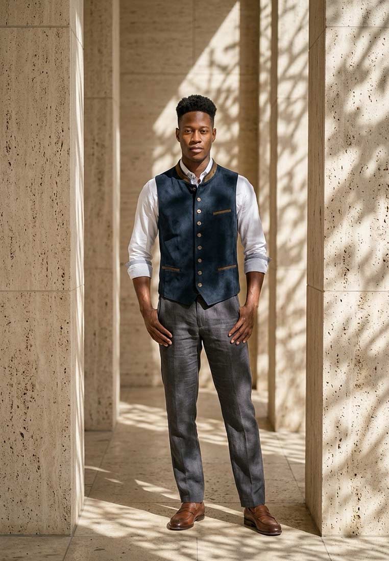 Orbis Trachtenweste Erich in Dunkelblau, Frontansicht. Die Weste ist aus Wildleder gefertigt und hat eine Knopfleiste mit acht Knöpfen.