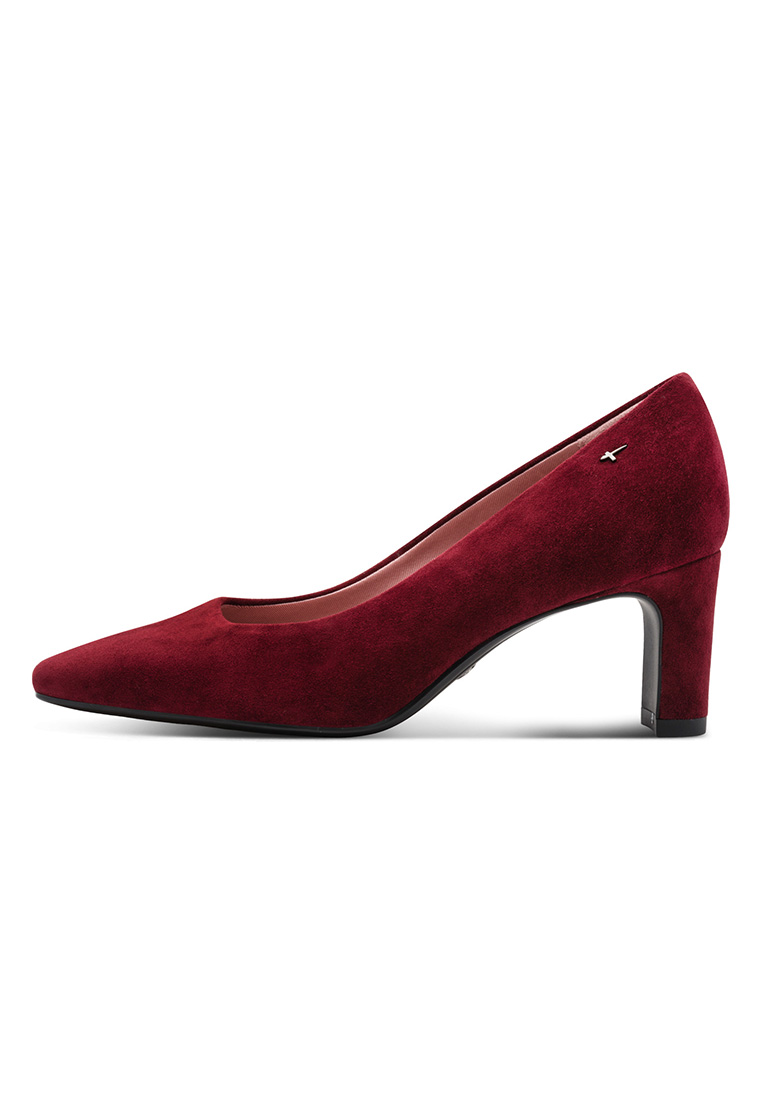 Tamaris Pumps Ava in bordeauxroter Velours-Optik, Seitenansicht. Elegante Damenschuhe mit Blockabsatz.