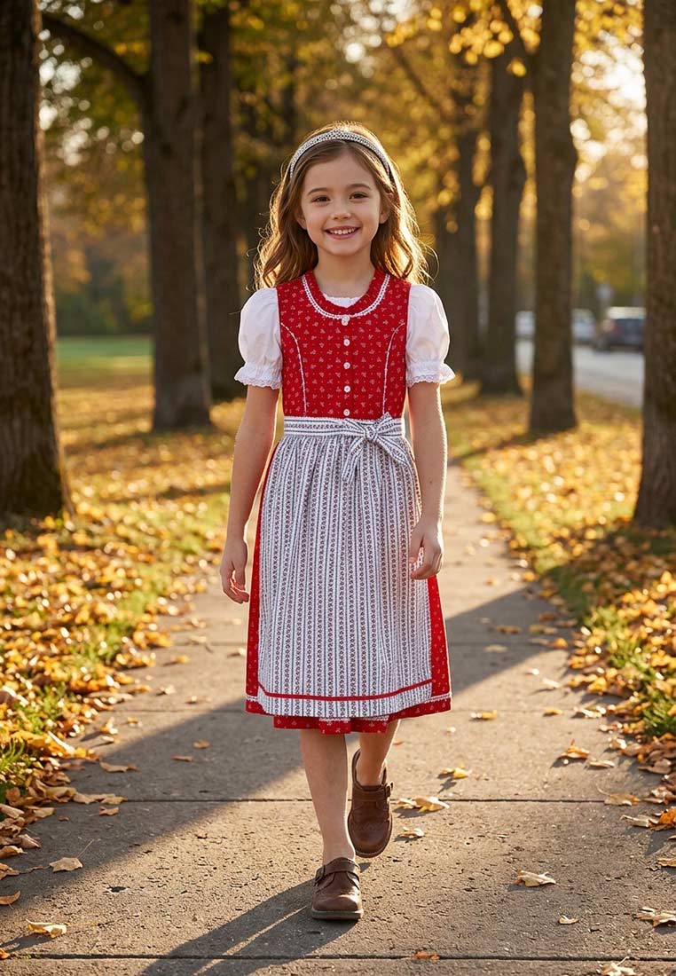 Isar Trachten Kinderdirndl Claire rot, Frontansicht. Elegantes rotes Dirndl mit weißer Schürze mit Streifenmuster und weißer Bluse.