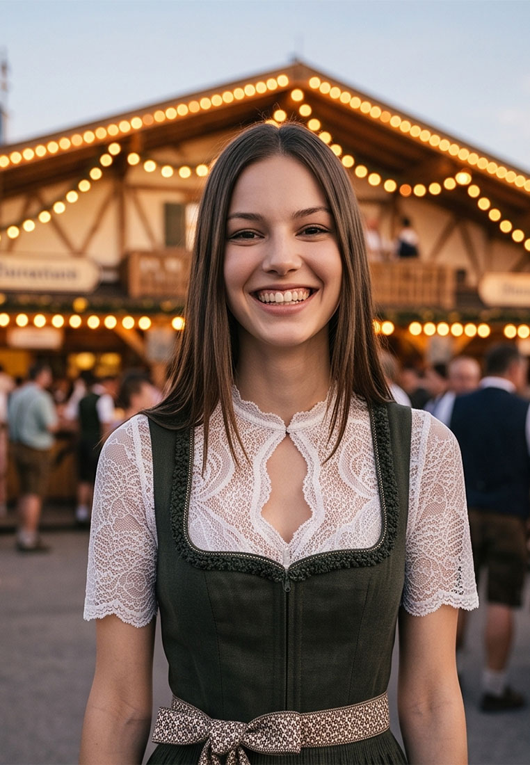 MarJo Trachten Dirndl Reichenfels dunkelgrün 65 cm, Frontansicht. Das Dirndl ist dunkelgrün und hat eine weiße Spitzenbluse. Ein Reißverschluss ist sichtbar.