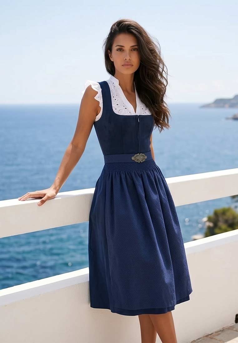 Krüger Dirndl Alisha marine 60cm Frontansicht. Elegantes Dirndl in Marineblau mit weißer Bluse und Reißverschluss vorne.