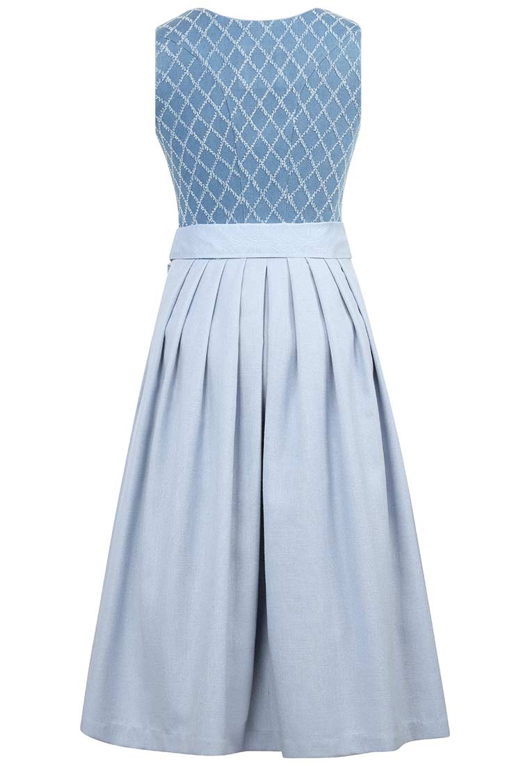 Marjo Dirndl Nebelberg himmelblau 70 cm, Rückansicht eines eleganten Dirndls mit Rautenmuster auf dem Mieder und einem weiten Rock.