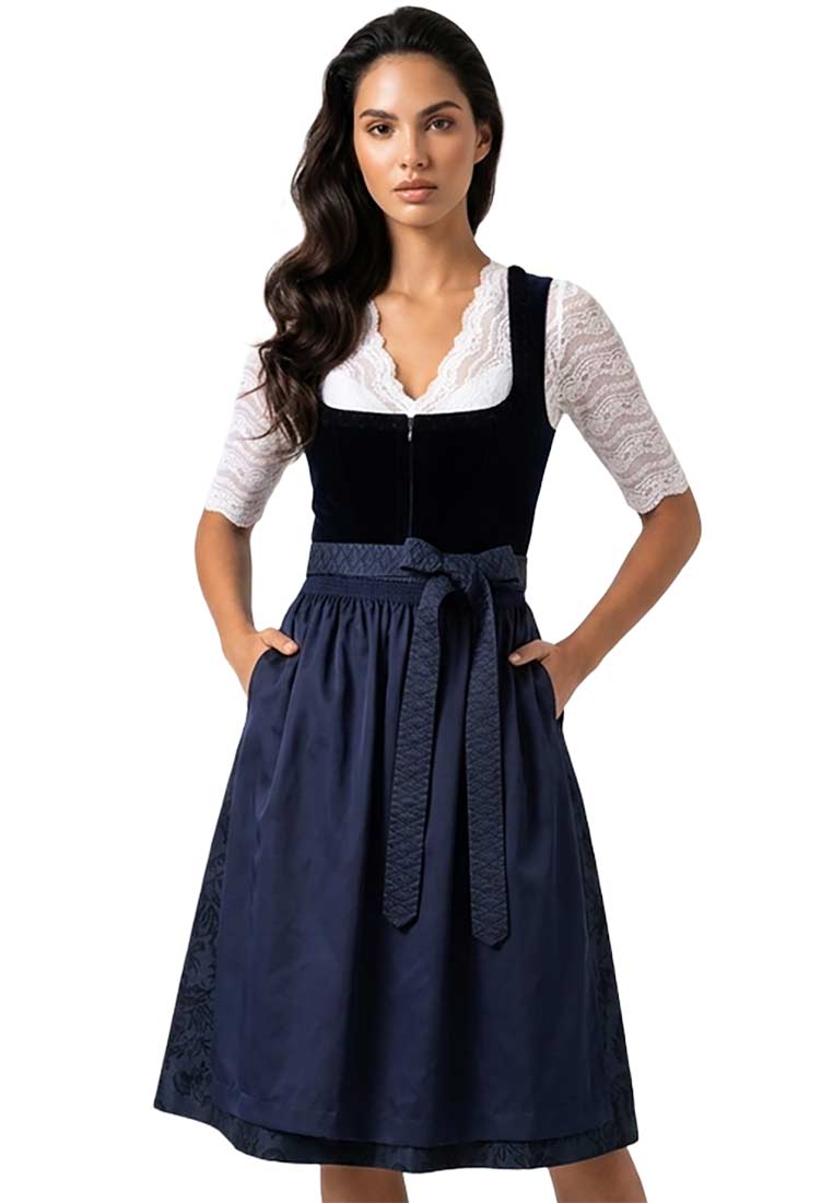 MarJo Trachten Dirndl Rabenstein dunkelblau 70 cm, Frontansicht. Das dunkelblaue Dirndl ist mit einem blauen Schürzenband und seitlichen Taschen ausgestattet.