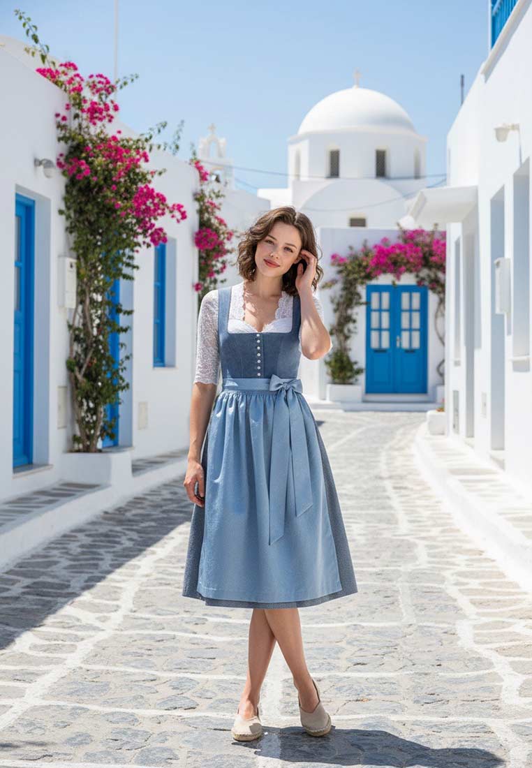 Marjo Dirndl Petersdorf blau 70cm Frontansicht. Das elegante Dirndl ist in einem mittleren Blauton gehalten und verfügt über eine weiße Spitzenbluse. Die Schürze ist mit einem Band gebunden.