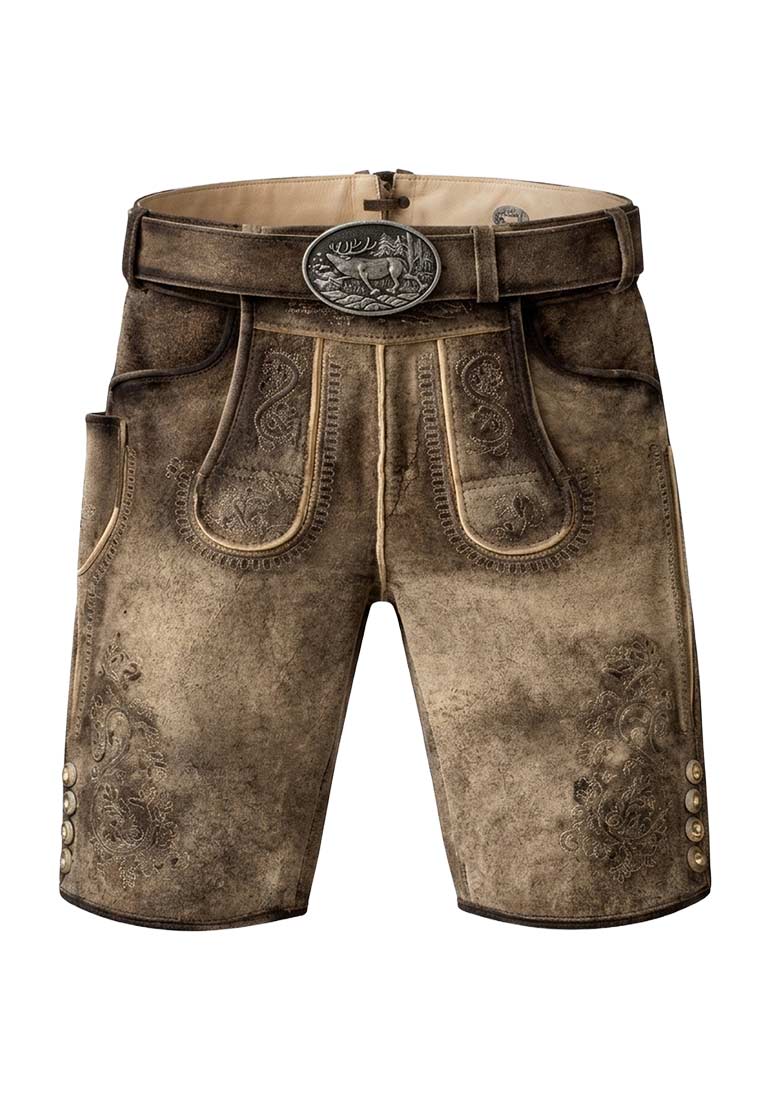 Gams Bock Lederhose Achim in Hellbraun, Frontansicht. Die Hose verfügt über sichtbare Taschen und eine Gürtelschnalle mit Hirschmotiv.