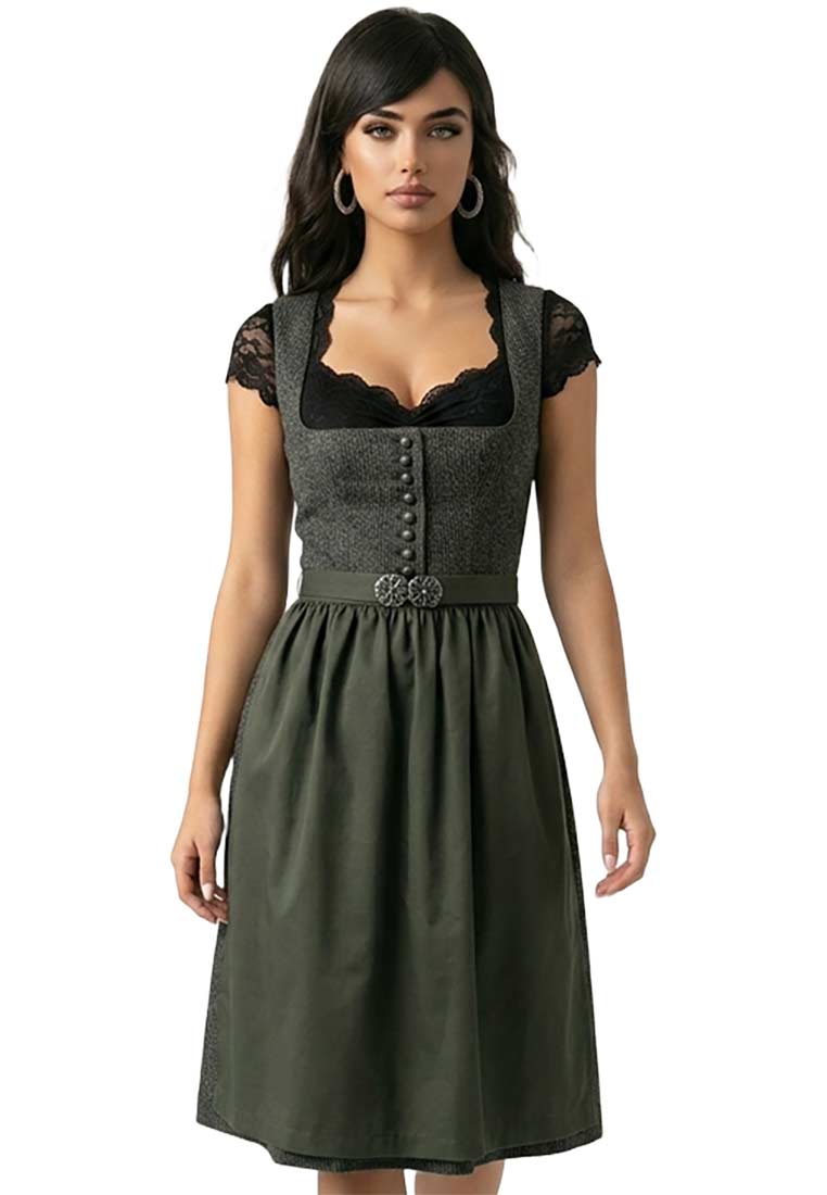 Frontansicht des Kaiseralm Dirndl Seraina in Dunkelgrün, mit Knopfleiste vorne und einem breiten Gürtel mit Zierschnalle.
