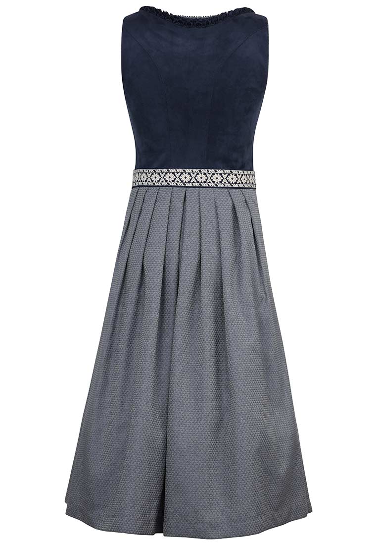 MarJo Trachten Dirndl Reichenfels dunkelblau 65 cm Frontansicht, ein elegantes, dunkelblaues Dirndl mit grauem, gemustertem Rock und einem verzierten Bund.