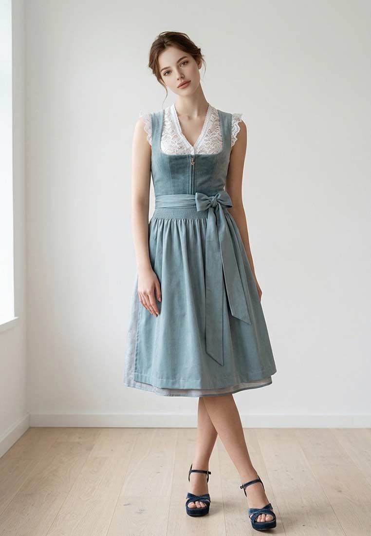 Krüger Dirndl Yalara blau 70cm in Frontansicht mit weißer Spitzeneinsatz und Band in der Taille.