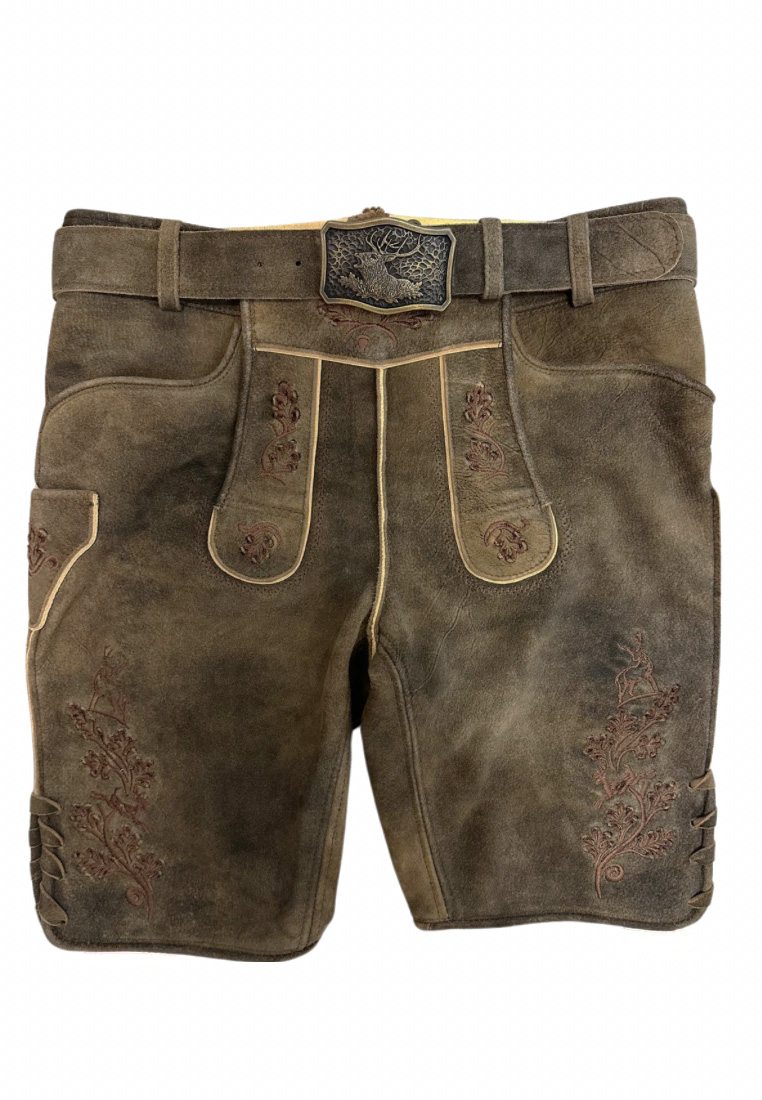 Gweih&Silk Lederhose Gabriel altbraun, Frontansicht der Lederhose mit Gürtelschlaufen, sichtbaren Taschen und Stickereien.