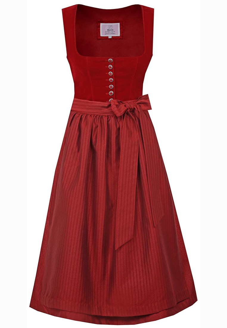 Dirndl in Rot mit schlichtem Oberteil mit Knöpfen und Schürze Ton in Ton. Dirndl in Rot mit schlichtem Oberteil mit Knöpfen und Schürze Ton in Ton.