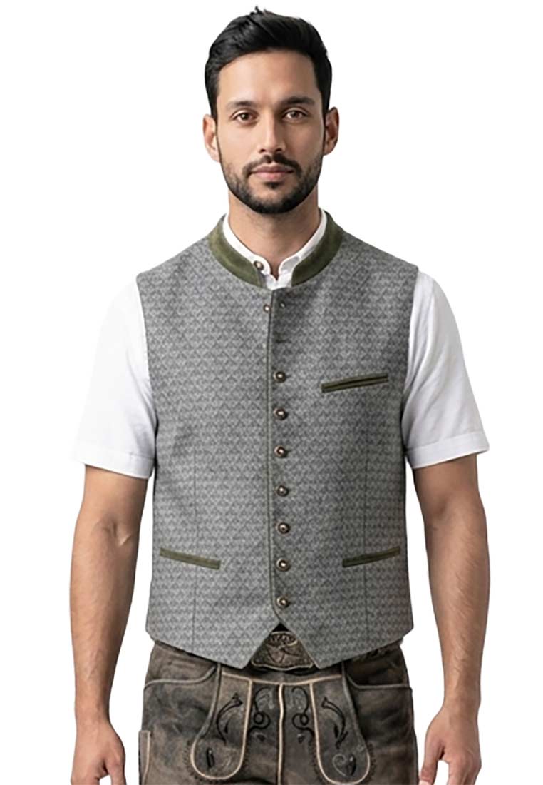 Kaiseralm Trachtenweste Christoph in Grau mit Knopfleiste und zwei Brusttaschen. Frontansicht.