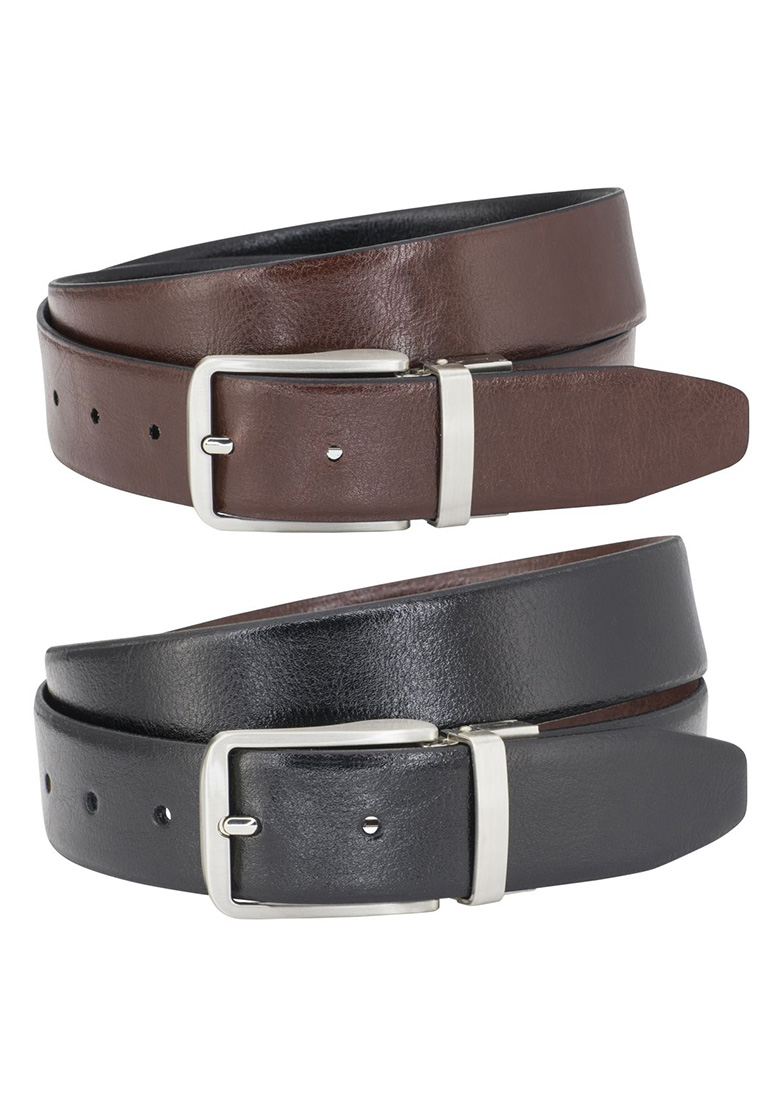 Lindenmann Wende-Ledergürtel schwarz-new-Marrone, Vorderansicht. Schwarzer Gürtel mit silberner Schnalle und brauner Seite sichtbar.