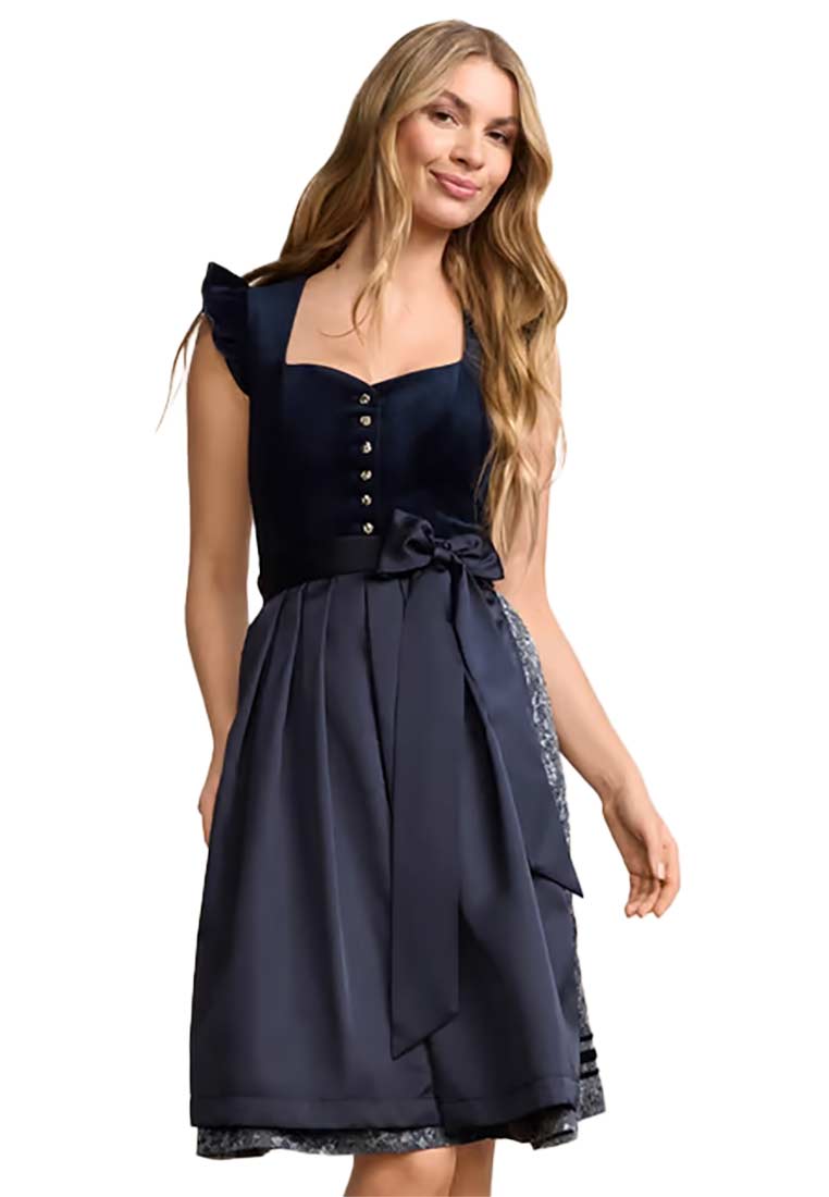 Frontansicht eines Krüger Dirndl Melora marine 60cm Dirndls mit Mieder in Samtoptik und Rock mit schimmerndem Besatz.