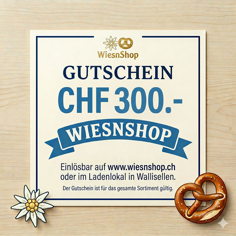 WiesnShop Gutschein CHF 300.-. Frontansicht des Gutscheins in Creme und Blau, mit einem Brezel-Motiv.