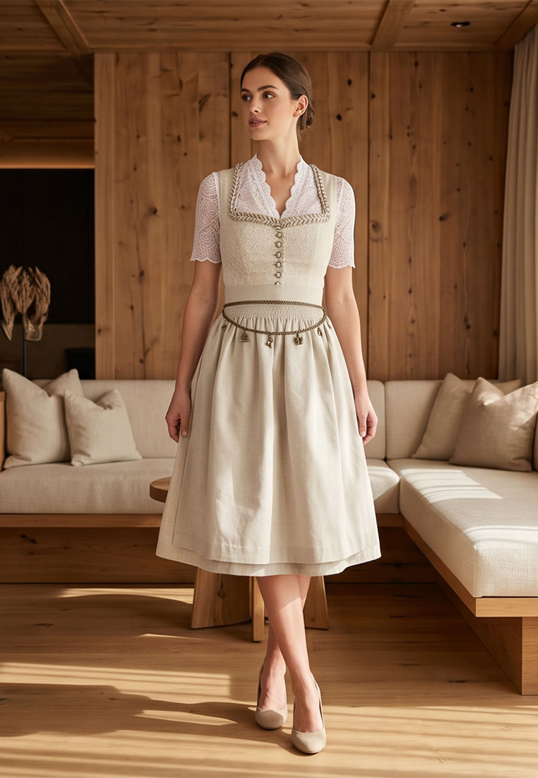 MarJo Trachten Dirndl Schürzenkette altgold in Frontansicht mit silberfarbenen Knöpfen und einer hellen Schürze.