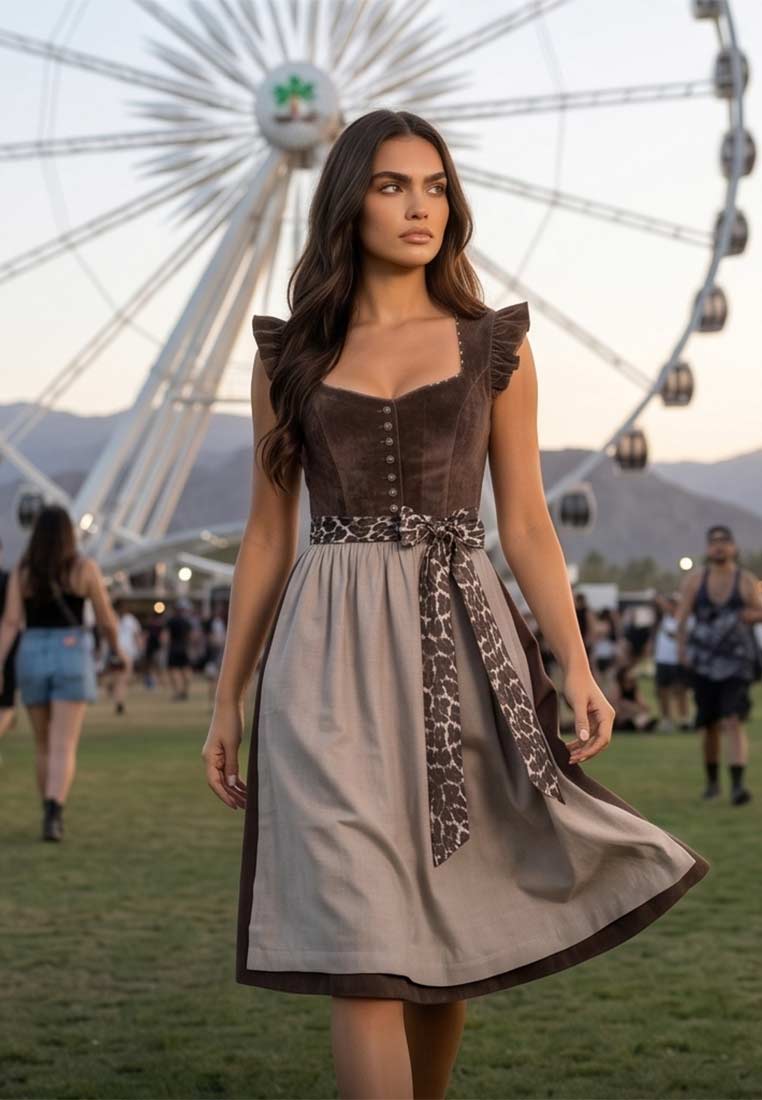 MarJo Trachten Dirndl Leo dunkelbraun 65 cm mit abnehmbaren Flügelärmeln in Frontansicht, mit Band in Leo-Optik und einem hellbraunen Rockteil.