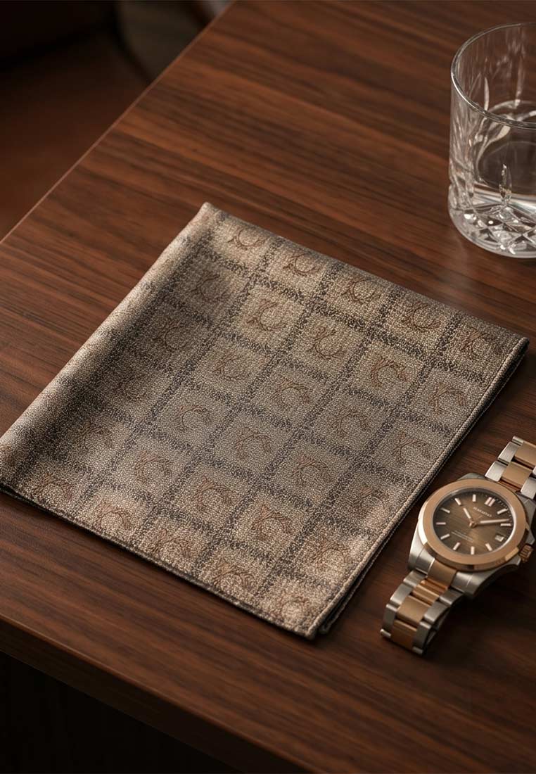 Luise Steiner Stecktuch Geweih taupe, Frontansicht. Das Stecktuch ist in taupe gehalten und zeigt ein durchgehendes Muster.