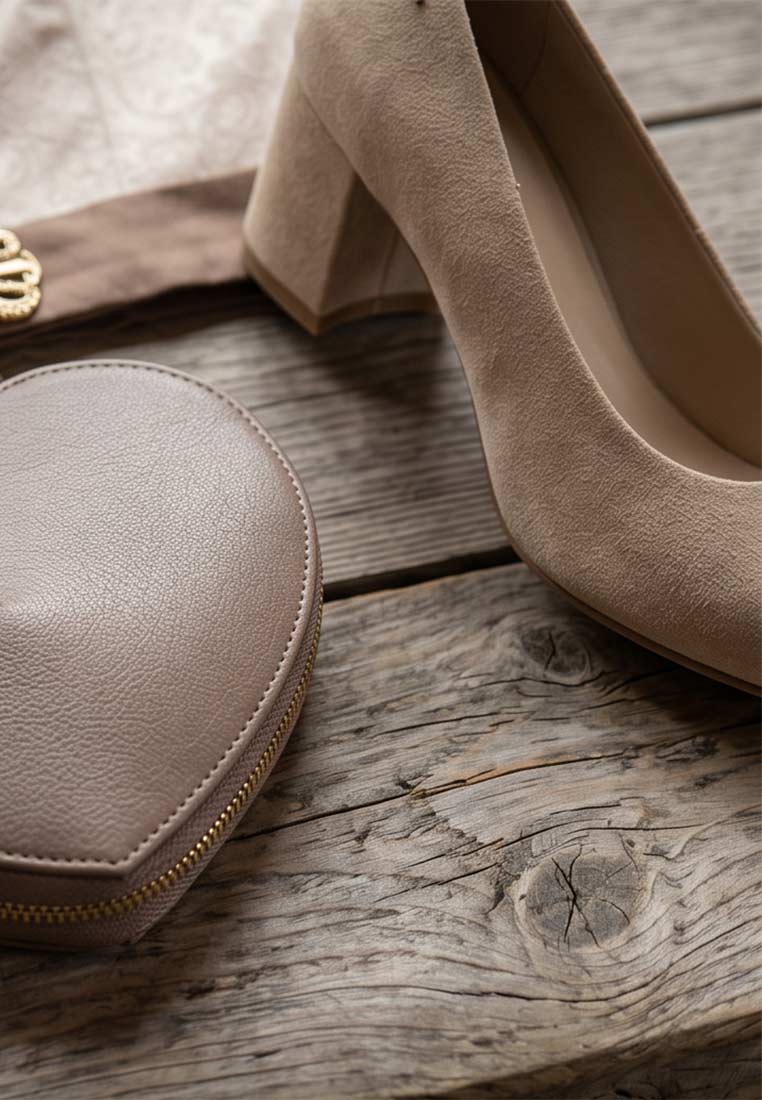 Tamaris Pumps Monique in Ivory, Frontansicht. Ein eleganter Pumps mit Blockabsatz aus Wildleder in heller Beige-Farbe.