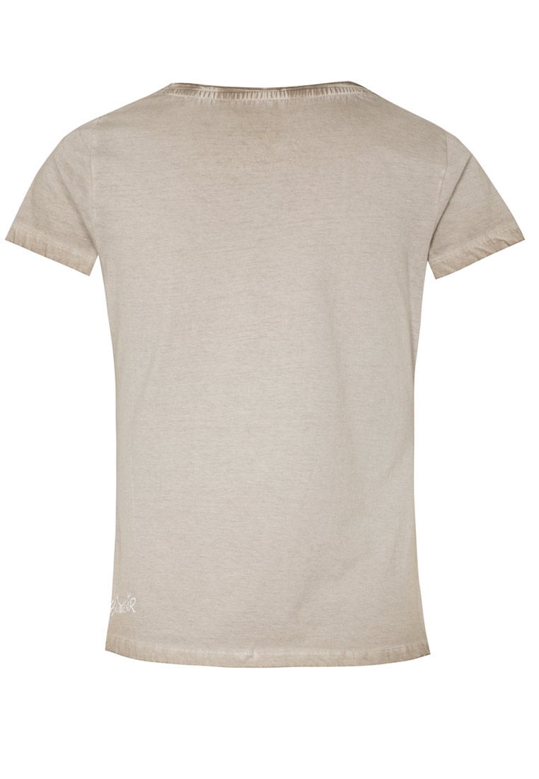 Hangowear Damenshirt Apres Ski in Beige, Rückansicht. Das T-Shirt hat einen Rundhalsausschnitt und kurze Ärmel.