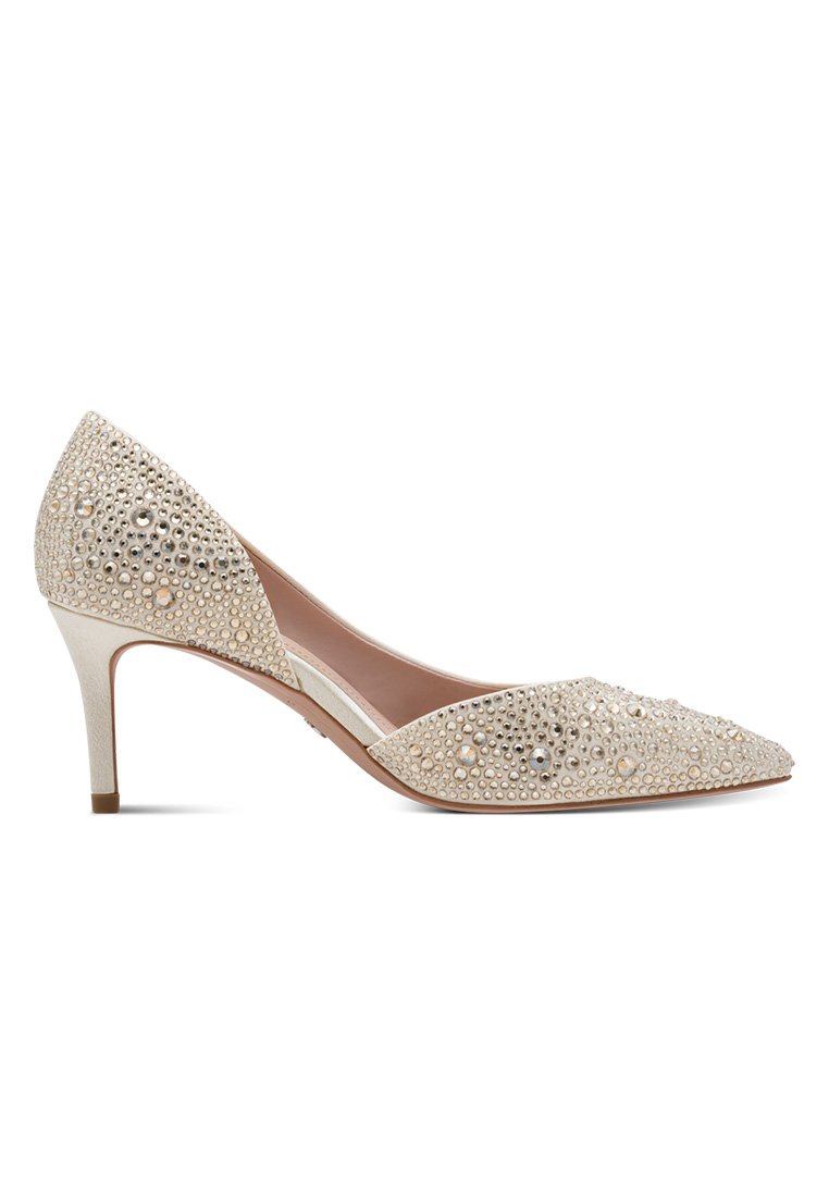 Tamaris Dirndl Pumps Pearl Glam in Beige, eine elegante Damenschuh mit Strassbesatz und spitzer Kappe, Seitenansicht.