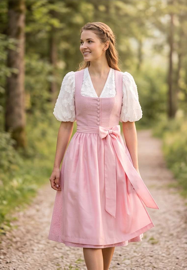 Waldorff Dirndlbluse Amber, Frontansicht, in Rosa. Das Kleid hat einen quadratischen Ausschnitt mit einer Knopfleiste und kurzen Puffärmeln aus weißer Spitze.