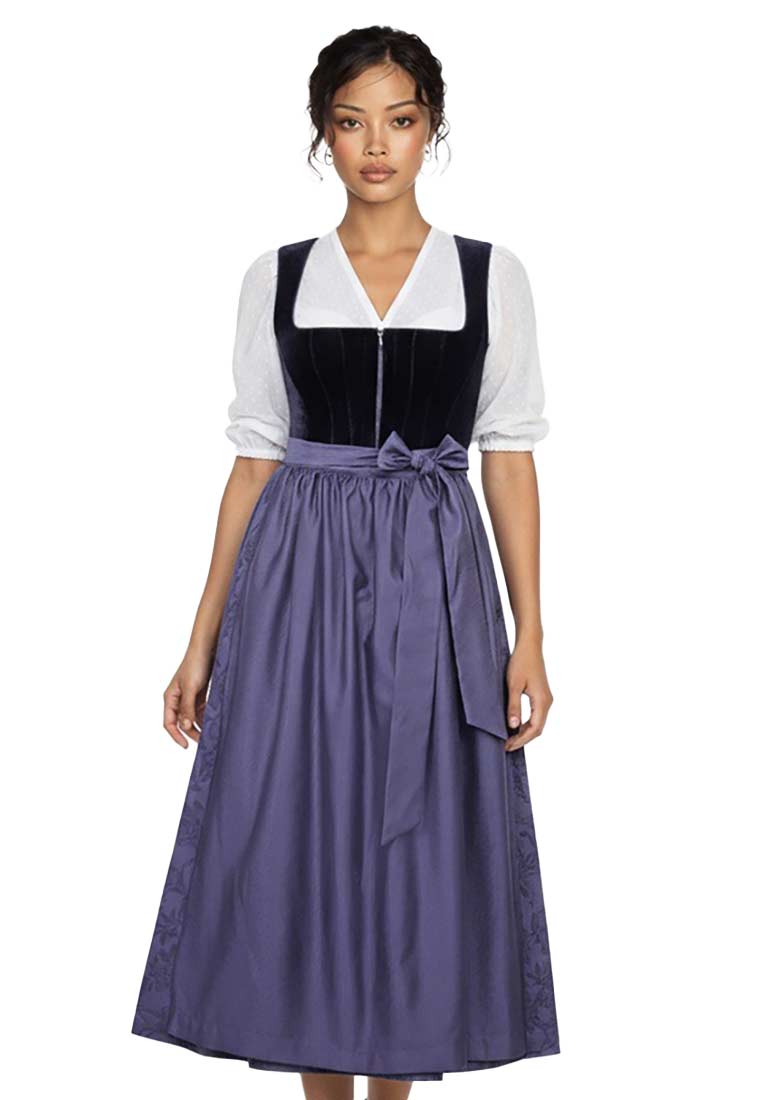 Madame Marie Dirndl Noctuna nachtblau 75cm Frontansicht eines eleganten Dirndls in Dunkelblau mit lila Rock und einer weißen Bluse mit Puffärmeln.