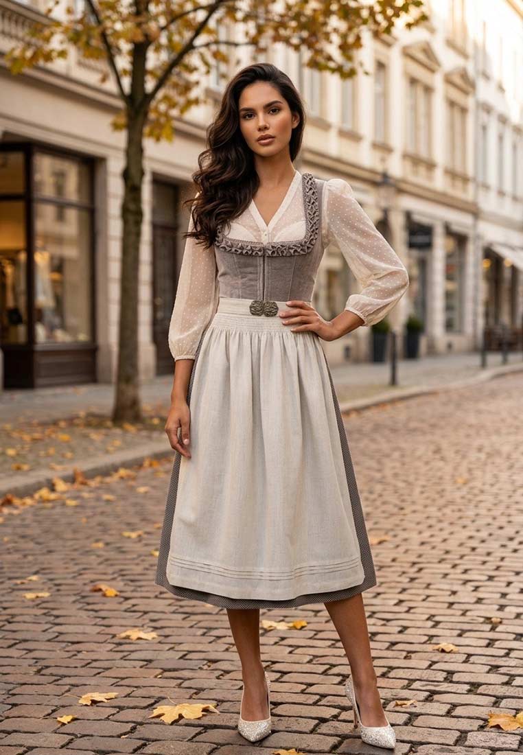 MarJo Trachten Dirndl Polling sand 70 cm, Frontansicht. Ein elegantes hellgraues Dirndl mit einer sandfarbenen Schürze und einer weißen Bluse mit Pünktchen.