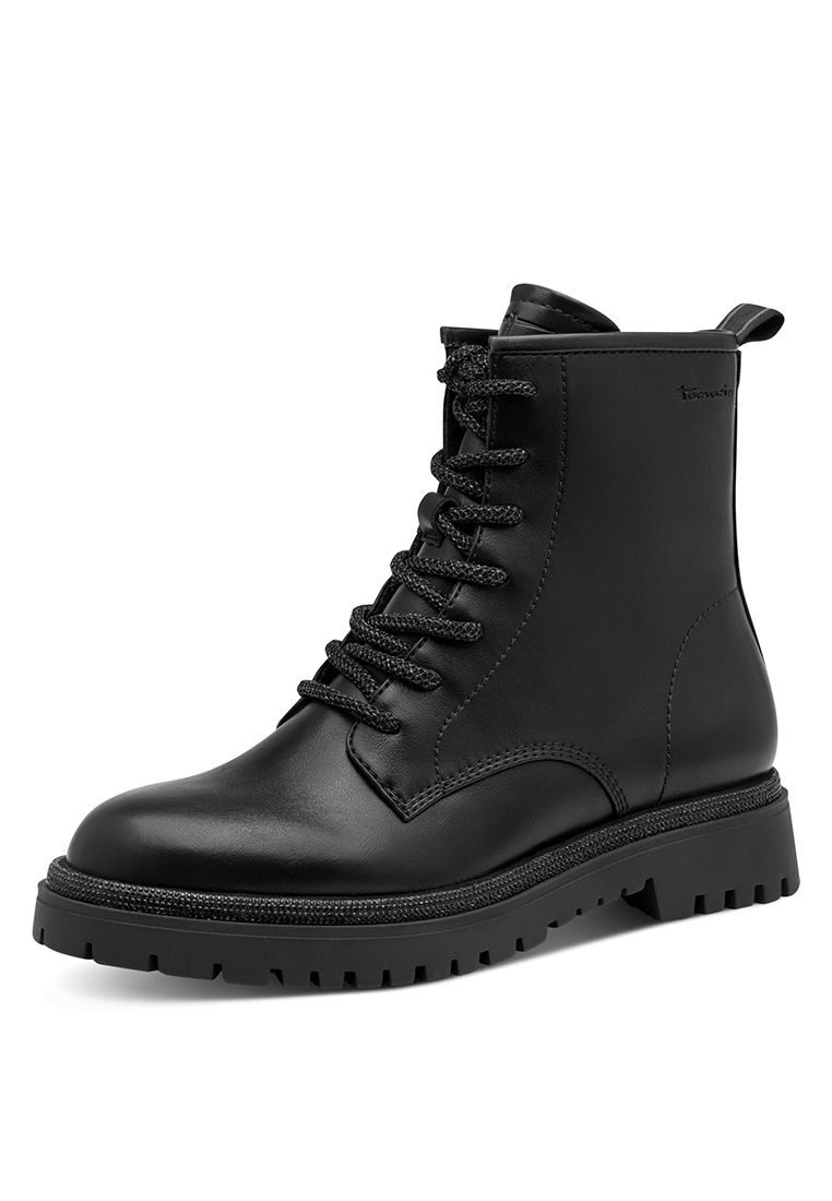 Tamaris Stiefelette Black Glam in Schwarz, Frontansicht, mit Schnürung und profilierter Sohle. Ein stilvolles und modisches Schuhwerk für Damen.