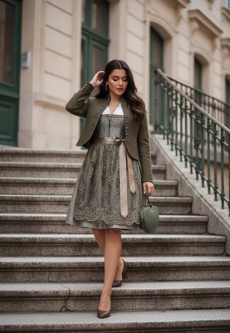 Alpenherz Walkjanker Amelie oliv, Damen, im Profil mit Blick nach unten. Elegante olivgrüne Trachtenjacke mit Knopfleiste.
