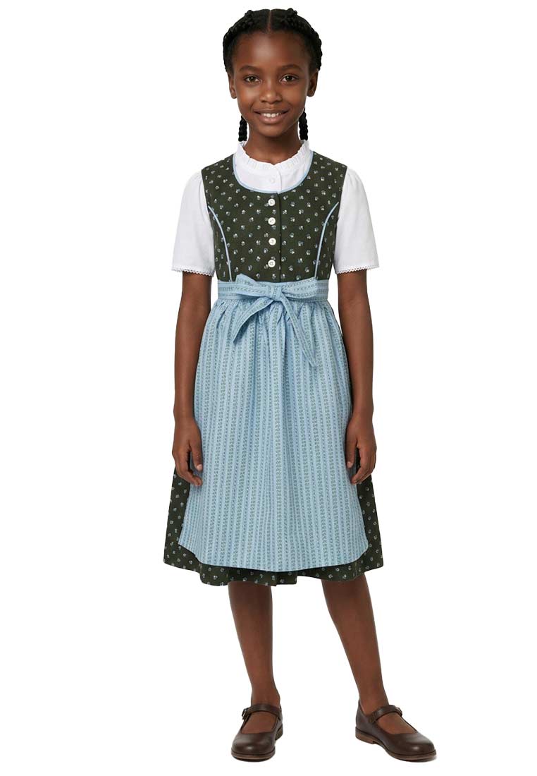 Isar Trachten Kinderdirndl Loyana in Dunkelgrün und Hellblau, Frontansicht, mit weißer Bluse und hellblau gebundenem Band.