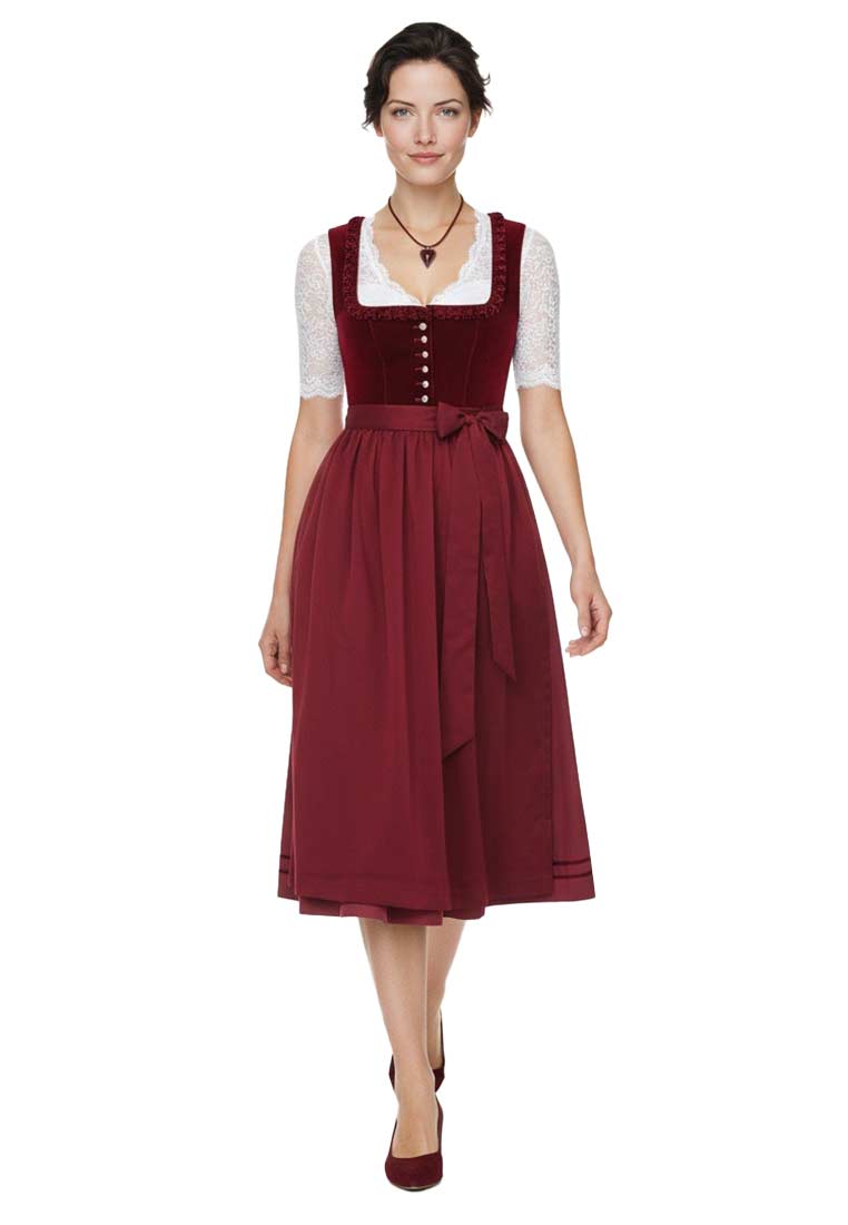 Marjo Dirndl Cherry Chante kirschrot 65cm Frontansicht in kirschrot mit dezenten Streifen am Rocksaum und einer Schnürung am Mieder.