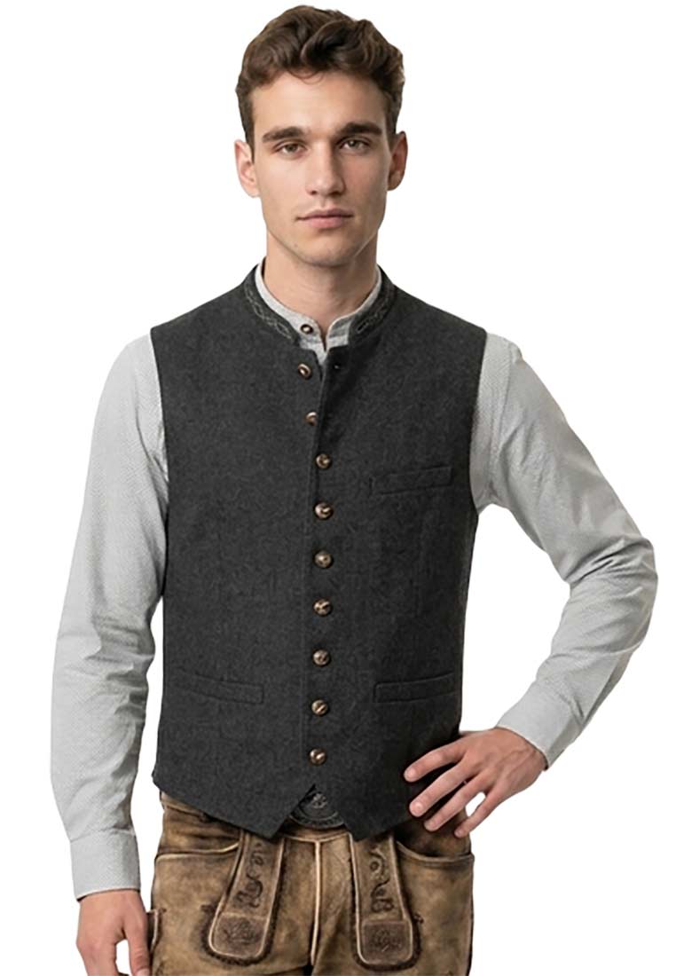 Stockerpoint Trachtenweste Devito grau, Herrenweste in Frontansicht mit zwei sichtbaren Taschen und Knopfleiste.