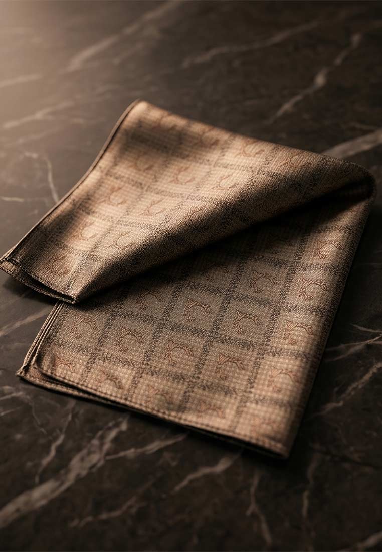 Luise Steiner Stecktuch Geweih taupe, Frontansicht. Das taupefarbene Stecktuch ist mit einem feinen Karomuster und eingewebten Geweih-Motiven versehen.