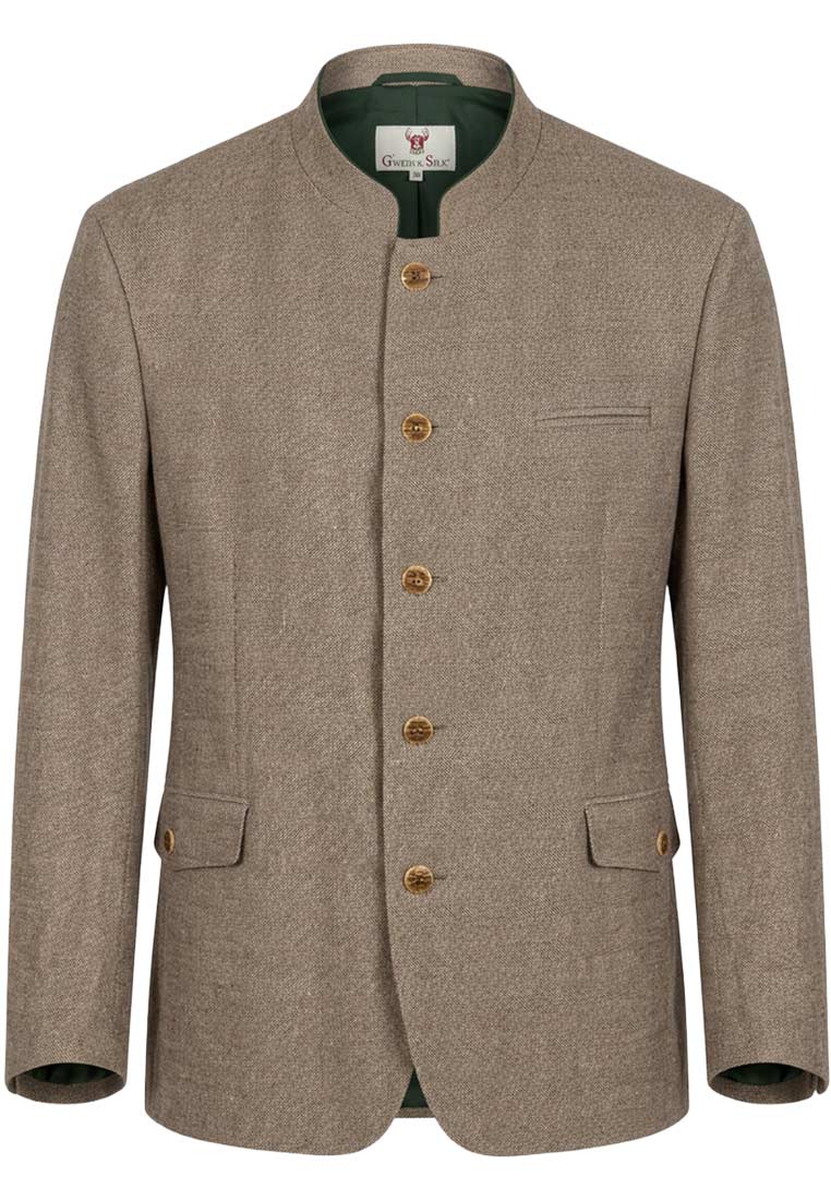 Frontansicht des Janker Landsberg von Gweih&Silk in Braun, ein klassischer Trachtenjanker mit Knopfleiste und aufgesetzten Taschen.