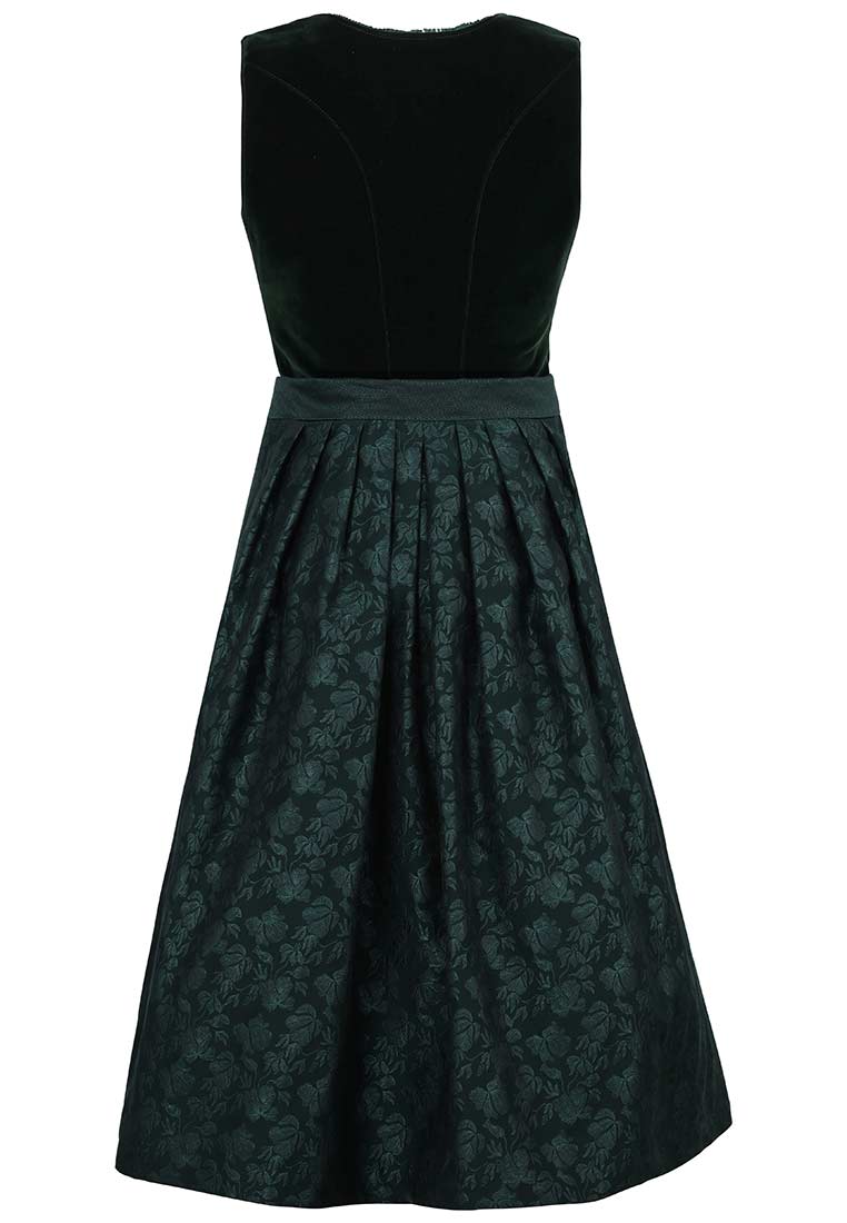 MarJo Trachten Dirndl Werndorf dunkelgrün 70 cm, Rückansicht. Das Dirndl hat einen hochgeschlossenen Samt-Oberteil und einen fließenden Rock mit Blumenmuster.