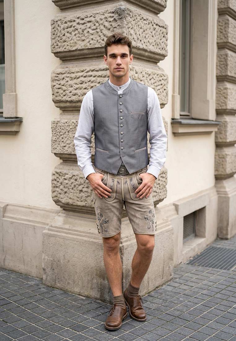 Krüger Trachtenweste James grau Frontansicht mit Knopfleiste und Brusttasche, kombiniert mit Lederhose.
