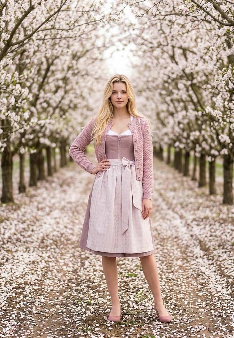 Stockerpoint Trachtenjacke Juliette rosa: Frontansicht einer jungen Frau mit einer rosafarbenen Strickjacke und einem Kleid, die auf einem Weg voller Blütenblätter steht.